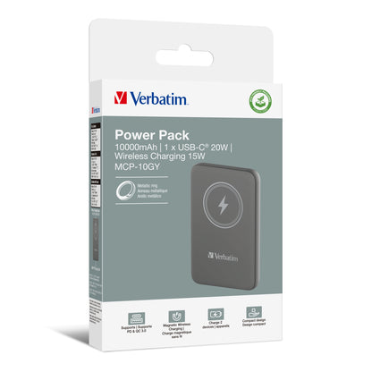 Cargador Verbatim Charge and Go Power Bank Carga Inalámbrica 10000mAh Magnetica Color Gris