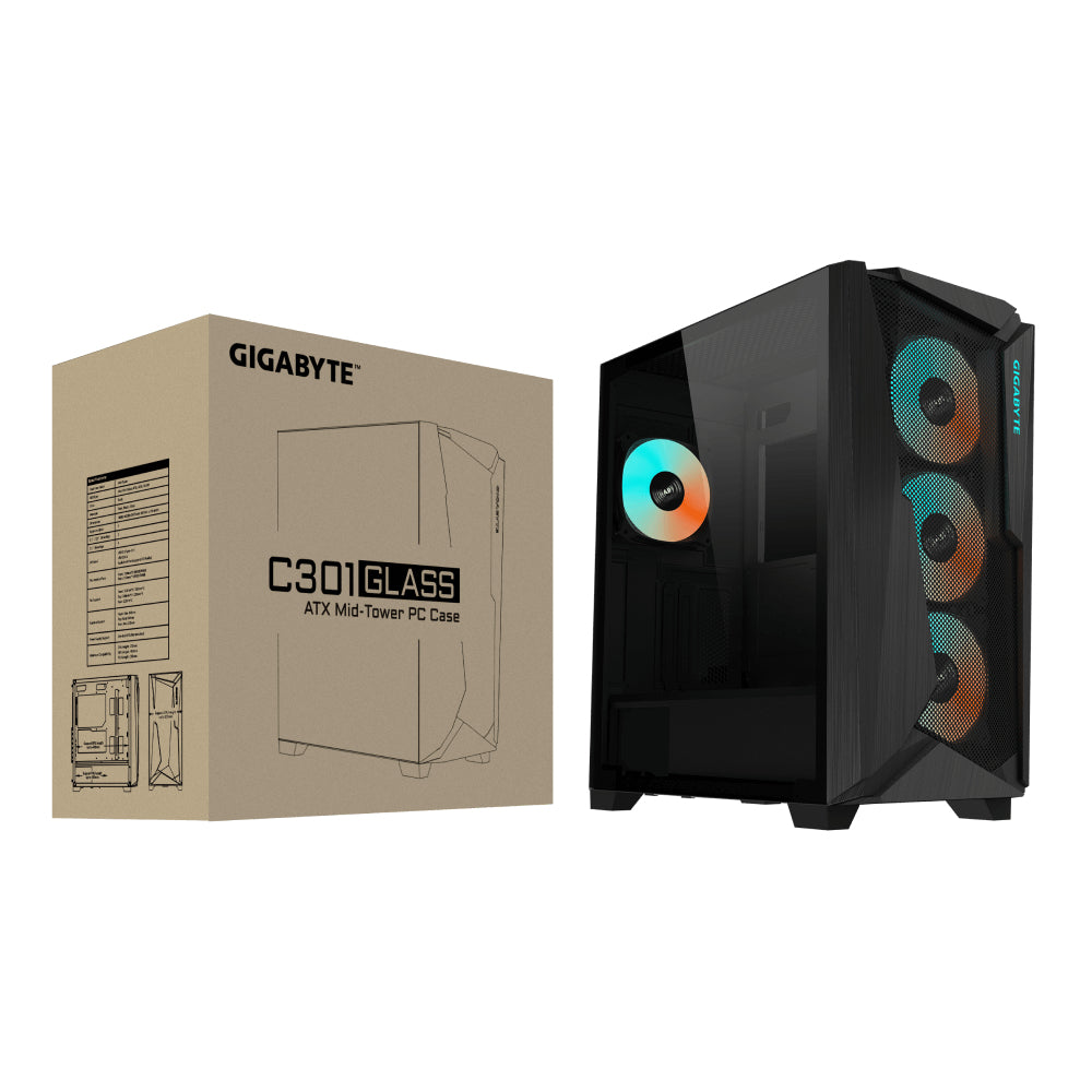 Gabinete Gamer Gigabyte C301 Glass Media Torre ITX mATX ATX EATX 4xFan ARGB Cristal Templado Negro