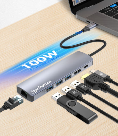 Estacion Docking USB-C  MANHATTAN con Hub 6 en 1