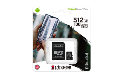 Tarjeta MicroSD Kingston Canvas Select Plus 512 GB 100R A1 C10 Card C/Adaptador