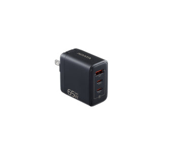 CARGADOR ADATA USB DE PARED 65W GAN 2PUERTO USB TIPO C 1 PUERTO USB A ENCHUFE PLEGABLE NEGRO