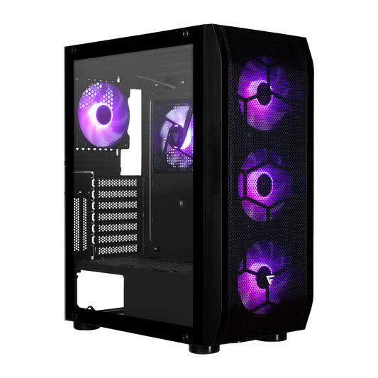 GABINETE GAME FACTOR CSG400 MID TOWER 2 USB 3.2 1x USB C ATX-E 5 VEN ARGB CRISTAL TEMP NEGRO