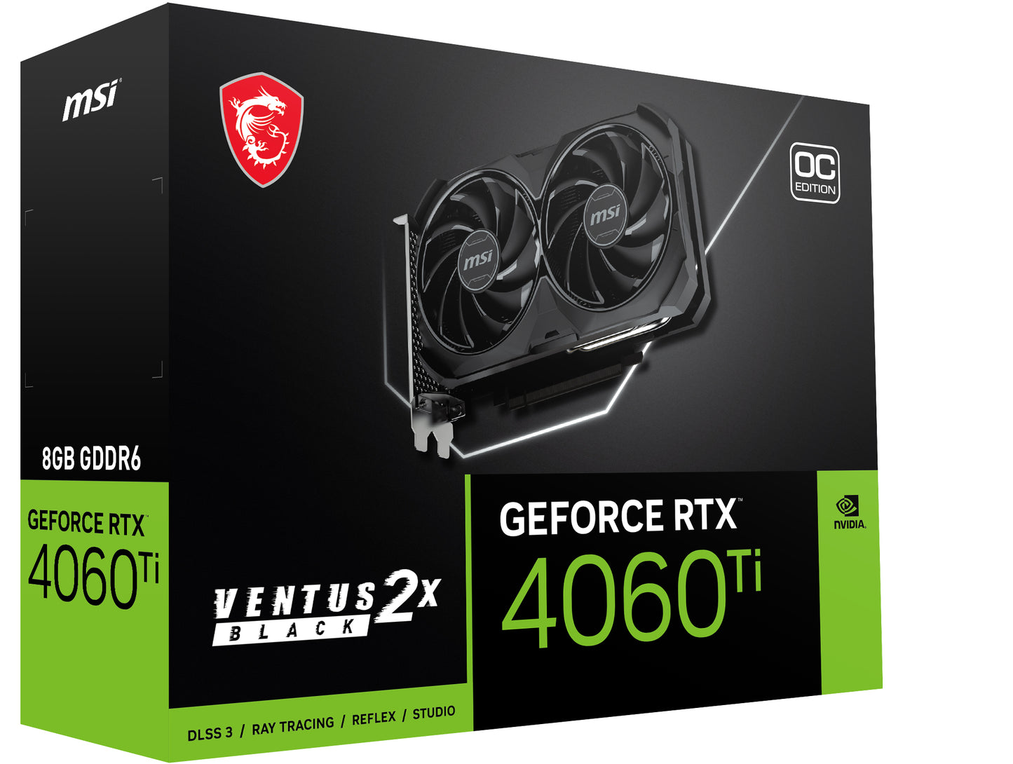 Tarjeta de Video MSI Ventus Black GeForce RTX4060TI OC 8GB Dual Fan GDDR6 PCIe 4.0 1xHDMI 3xDP