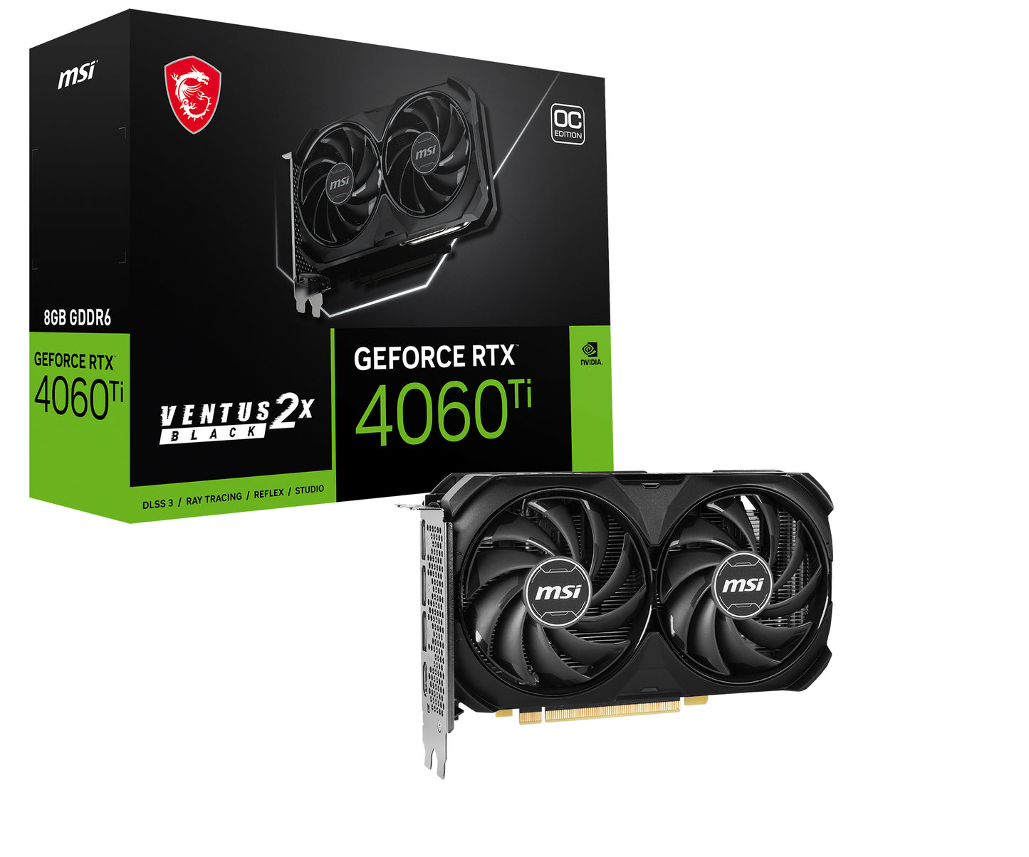 Tarjeta de Video MSI Ventus Black GeForce RTX4060TI OC 8GB Dual Fan GDDR6 PCIe 4.0 1xHDMI 3xDP