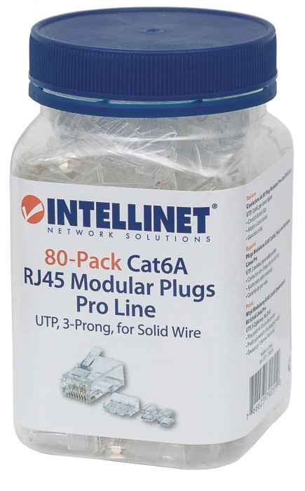 Plug Intellinet RJ45 Cat6a Sólido Oro 50 Micras Pro UTP Bote C/80 Pzas