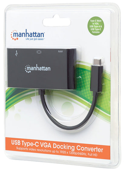 Convertidor Manhattan Docking USB-C a VGA SuperSpeed Multipuertos Color Negro