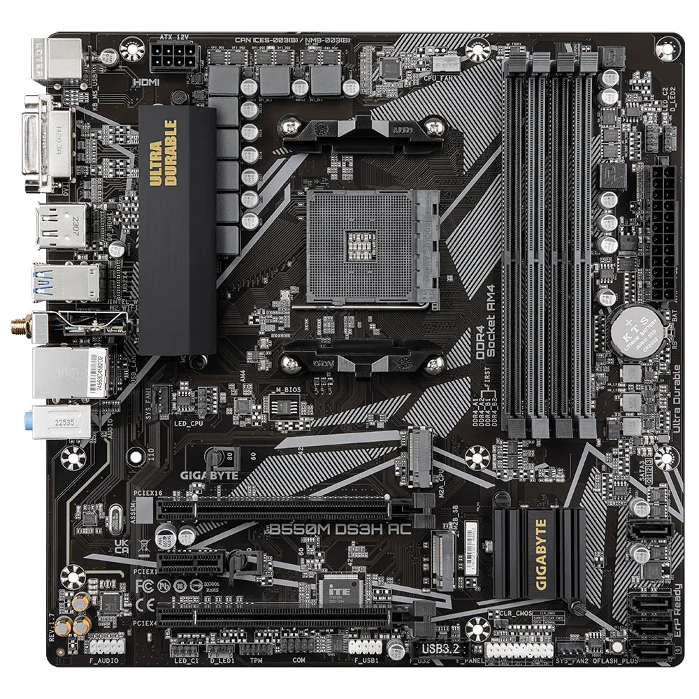 Tarjeta Madre Gigabyte B550M DS3H AC REV. 1.7 4xDDR4 128GB 4733Mhz PCIe 4.0 M.2 HDMI S AM4 Ryzen RGB FUSION mATX Wi-Fi