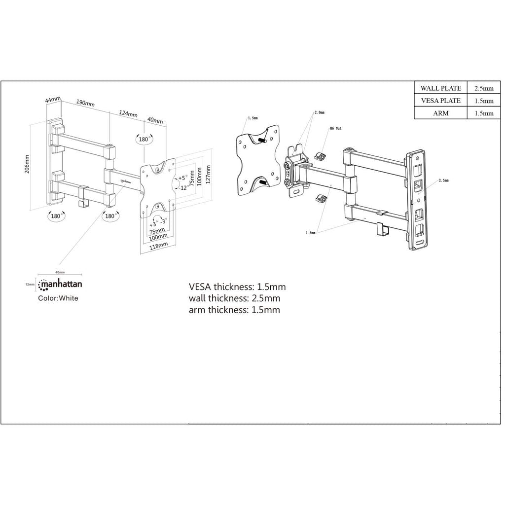 Soporte Monitor Manhattan 13" a 27" Pared Movimiento Articulado Color Negro