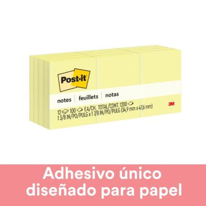 Notas 3M Post It 653 1.5x2" Amarillo Paquete 100 Hojas c/12