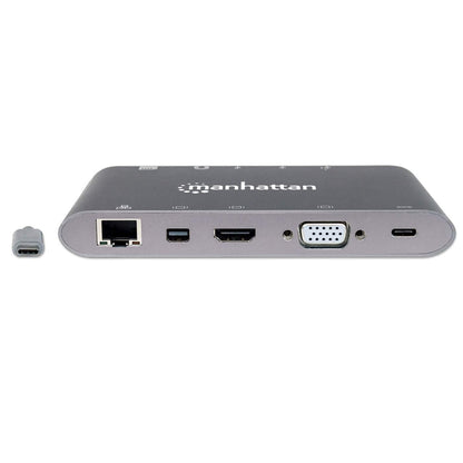 Estación Docking Manhattan USB-C a HDMI/DPmini/SVGA/RJ45/3.5mm Super Velocidad Color Gris