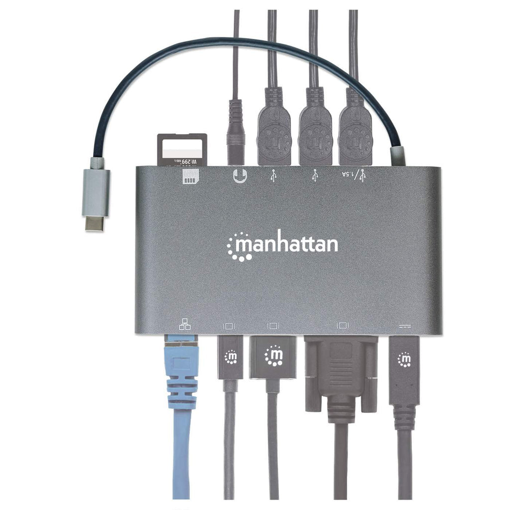 Estación Docking Manhattan USB-C a HDMI/DPmini/SVGA/RJ45/3.5mm Super Velocidad Color Gris