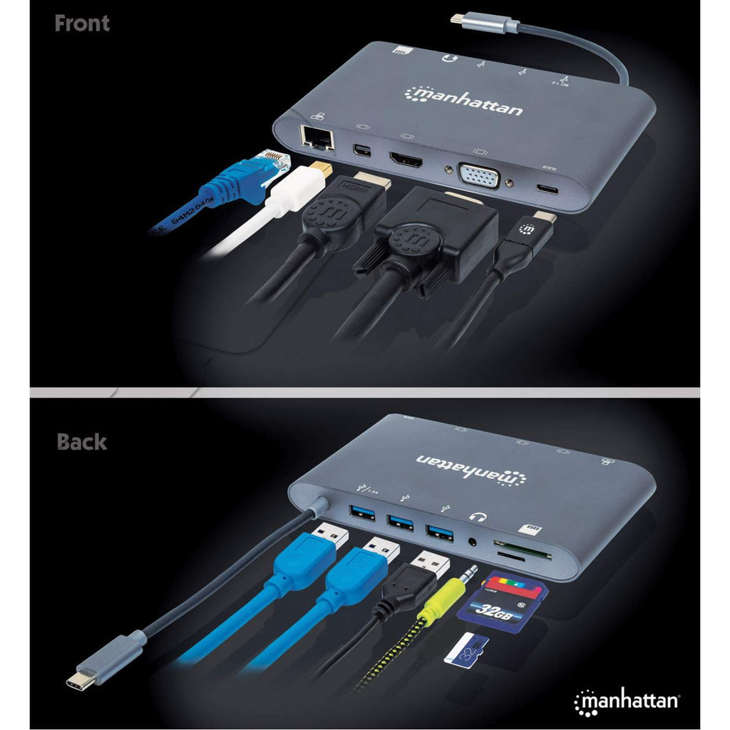 Estación Docking Manhattan USB-C a HDMI/DPmini/SVGA/RJ45/3.5mm Super Velocidad Color Gris