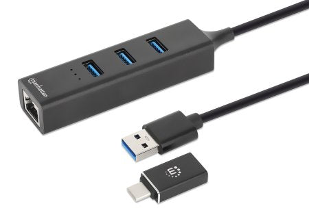 Adaptador de Red Manhattan USB A/C con Hub V3 Color Negro