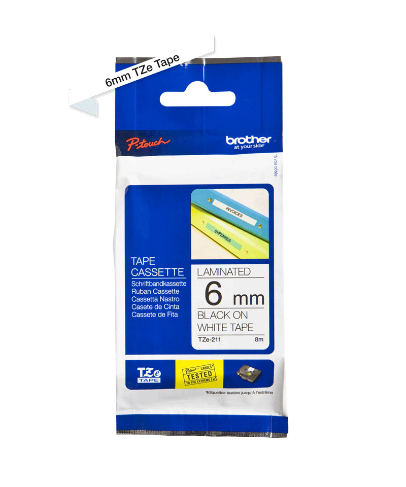 Cinta Brother TZ211 Laminada Negro sobre Blanco 6mmx8m PT1400/9500C/1750