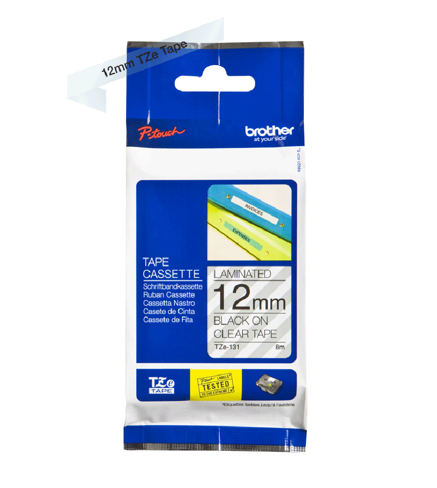 Cinta Brother TZ-131 Laminada Negro sobre Transparente 12mmx8m PT300/310B/330/530