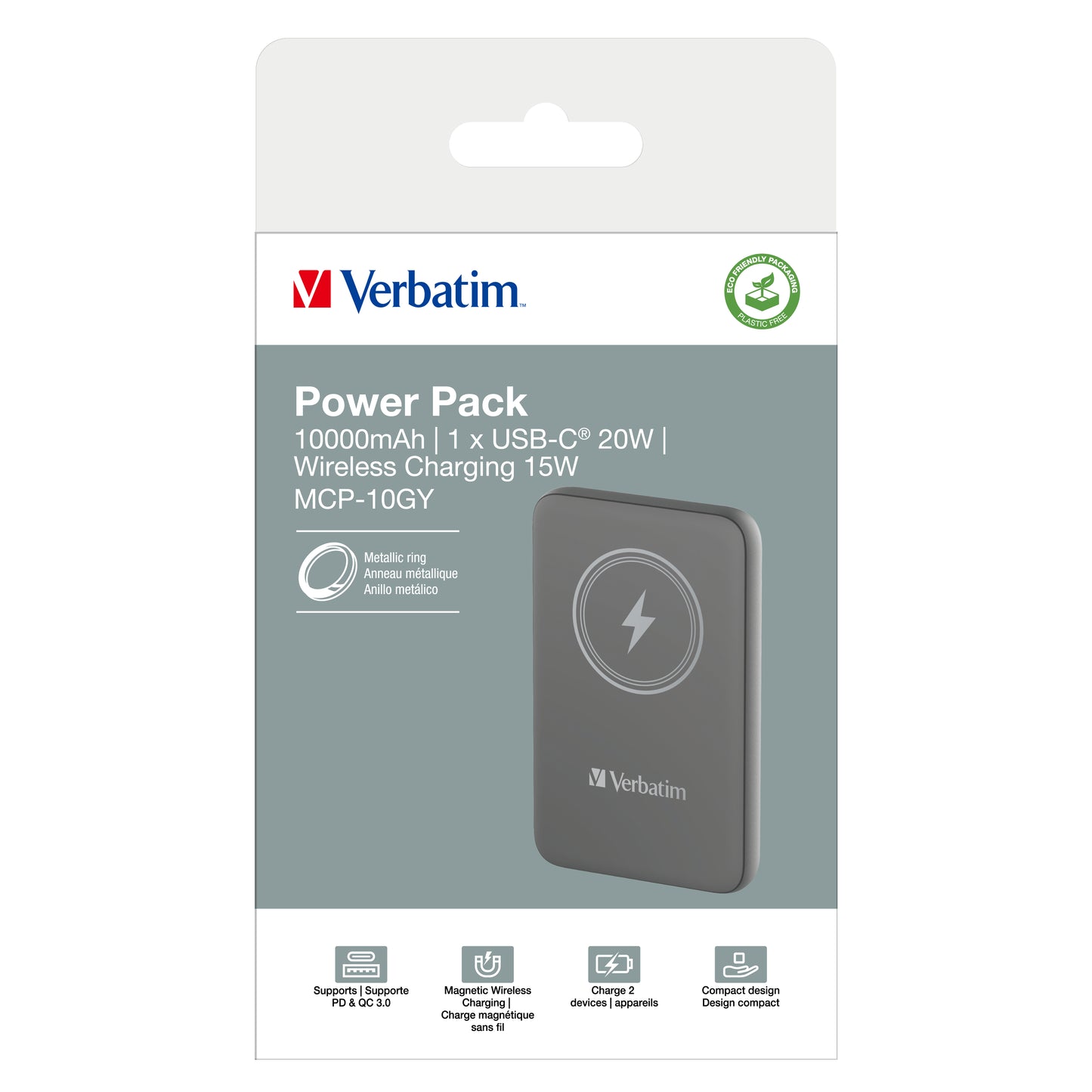 Cargador Verbatim Charge and Go Power Bank Carga Inalámbrica 10000mAh Magnetica Color Gris