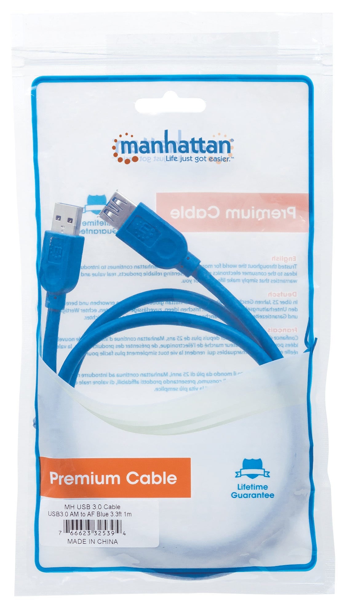 Cable Manhattan USB V3.2 Ext  Tipo A  1.0M Azul 5Gb