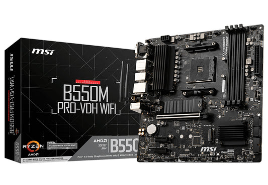 Tarjeta Madre MSI B550M PRO VDH WIFI 4xDDR4 128GB 4400Mhz PCIe 4.0 M.2 HDMI VGA S AM4 Serie 3000/5000 mATX Wi-Fi AC BT