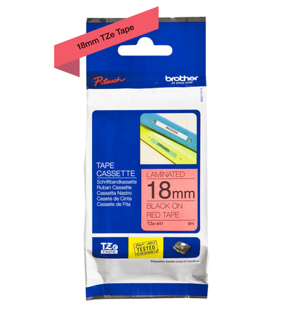 Cinta Brother TZE441 Laminada Texto Negro Sobre Fondo Rojo 18mmx8m PT300/310B/330/530