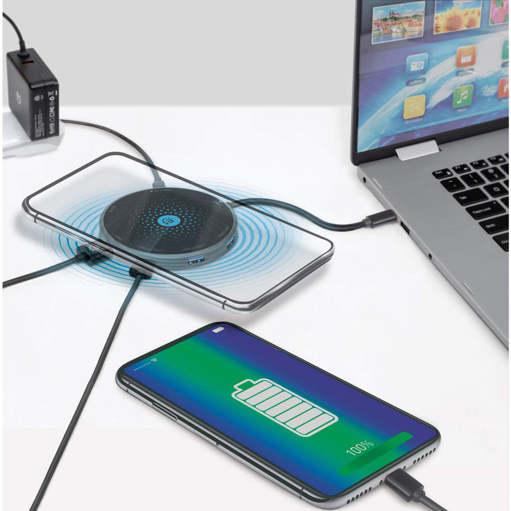 Docking Manhattan USB-C a HDMI USB-C PD 3xUSB-A Lector Tarjetas con Base Carga Inalámbrica