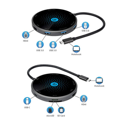 Docking Manhattan USB-C a HDMI USB-C PD 3xUSB-A Lector Tarjetas con Base Carga Inalámbrica