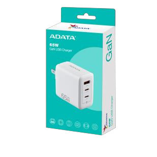 CARGADOR ADATA USB DE PARED 65W GAN 2PUERTO USB TIPO C 1 PUERTO USB A ENCHUFE PLEGABLE BLANCO