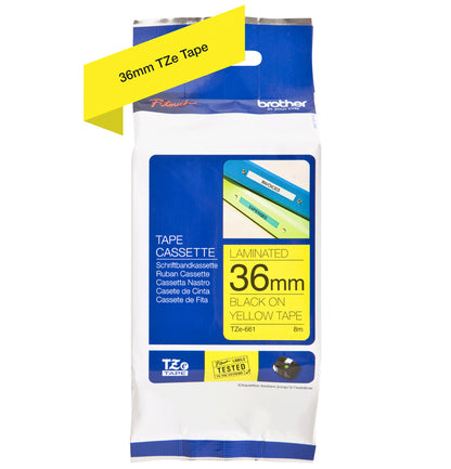 Cinta Brother TZE661 Laminada Texto Negro Sobre Fondo Amarillo 36mmx8m PT530