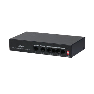 Switch PoE Dahua 6 Puertos Fast Ethernet/4 Puertos PoE 10/100/ 2 Puertos Uplink 10/100 36 Watts Totales