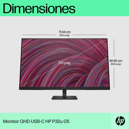 HP P32u G5 USB-C QHD Monitor,  Resolución 2560 X 1440 (QHD), aspect ratio 16:9, Puertos HDMI; USB-C; DisplayPort,no webcam, Control de alimentación; Brillo; Salir; Control de menú; Control de entrada; Información; Control de color; Control de imagen;...