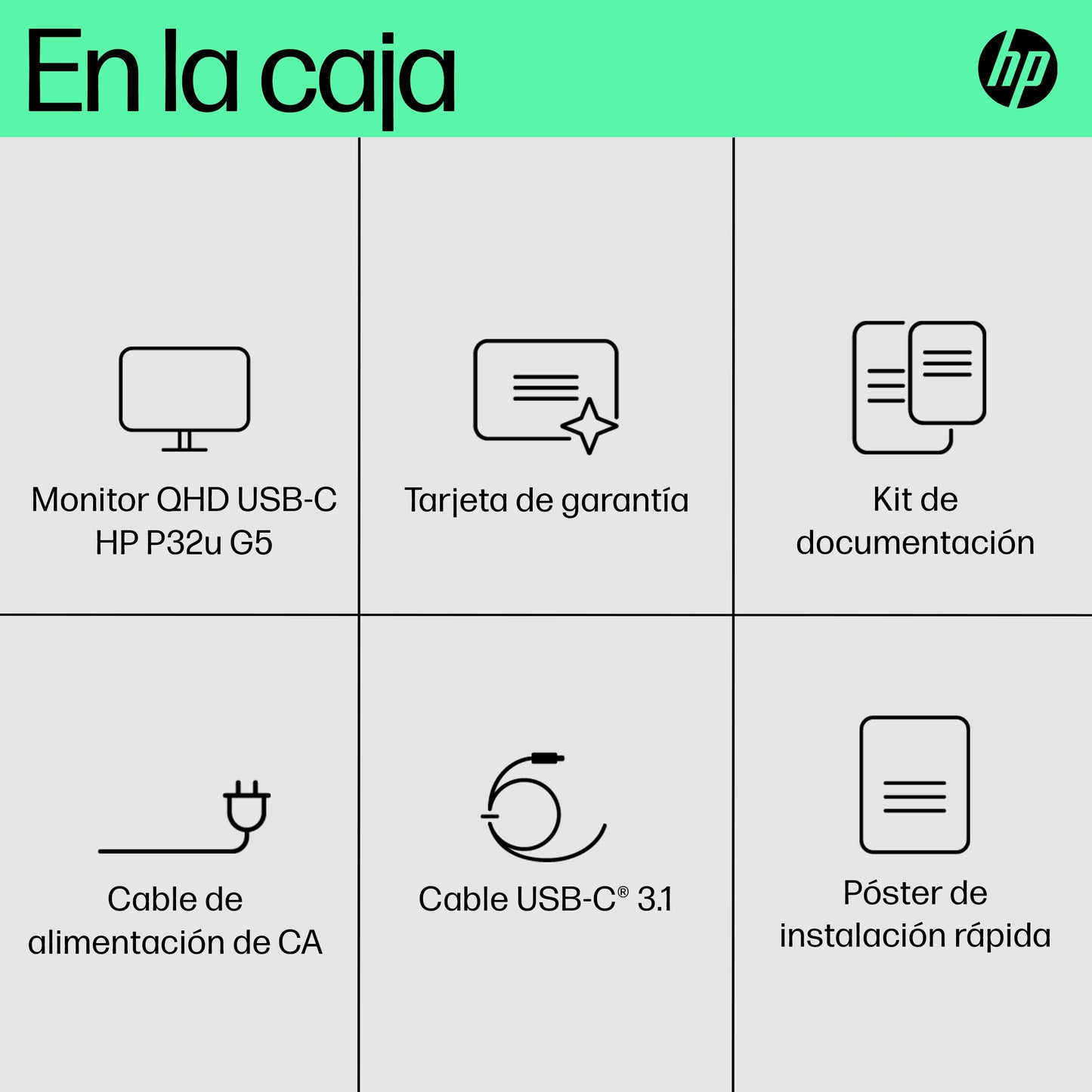 HP P32u G5 USB-C QHD Monitor,  Resolución 2560 X 1440 (QHD), aspect ratio 16:9, Puertos HDMI; USB-C; DisplayPort,no webcam, Control de alimentación; Brillo; Salir; Control de menú; Control de entrada; Información; Control de color; Control de imagen;...