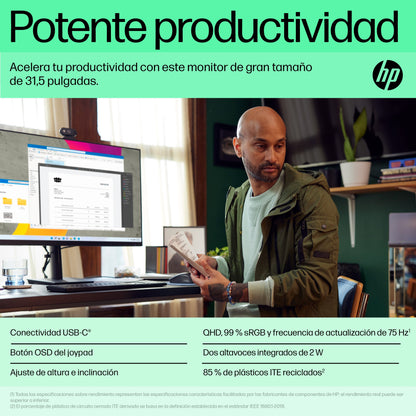 HP P32u G5 USB-C QHD Monitor,  Resolución 2560 X 1440 (QHD), aspect ratio 16:9, Puertos HDMI; USB-C; DisplayPort,no webcam, Control de alimentación; Brillo; Salir; Control de menú; Control de entrada; Información; Control de color; Control de imagen;...