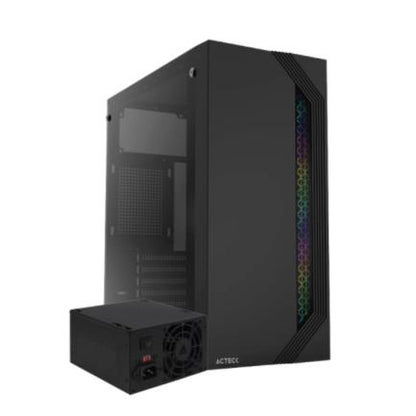 Gabinete Acteck Media Torre Viken GM434 Max MB ATX Fuente ATX 500w Panel Izq Cristal + Frente Solido RGB Vertical 2xUSB 2.0 + 1xFan Advanced Series Negro