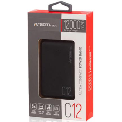 Power Bank Argomtech C12 Ultracompacto 12000mAh  2 Puertos 2.1A/2A Color Negro