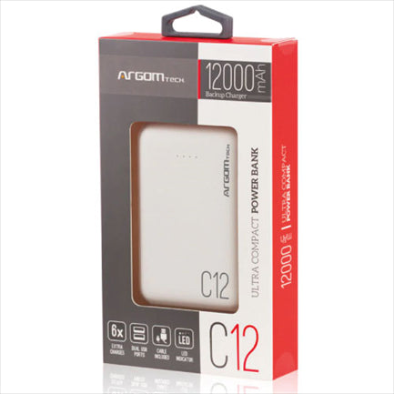 Power Bank Argomtech C12 Ultracompacto 12000mAh  2 Puertos 2.1A/2A Color Blanco