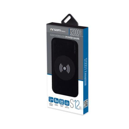 Power Bank Argomtech S12W Delgado de Aluminio con Cargador Rapido 18W 12000 mAh Wireless Color Negro