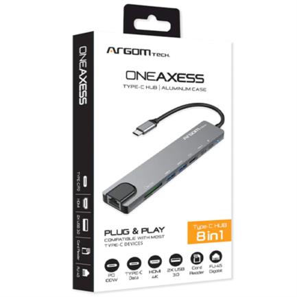 Hub Argomtech One Axess 8 en 1 HDMI/USB/RJ45/Tipo-C/Ranura PD/Lector de Tarjetas