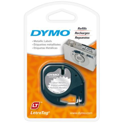 Cinta Etiquetadora Dymo Negro Sobre Gris Metalico 1/2"