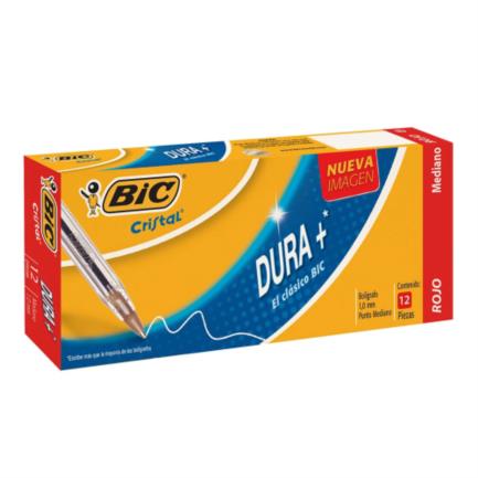 Bolígrafo BIC Cristal Dura+ Punto Mediano 1.0mm Color Rojo C/12 Pzas