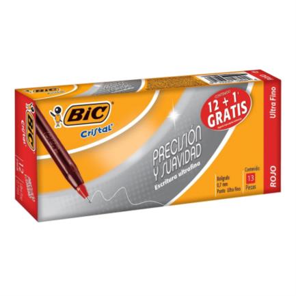 Bolígrafo BIC Cristal Precisión y Suavidad Punto Ultra Fino 0.7mm Color Rojo C/12+1 Pzas