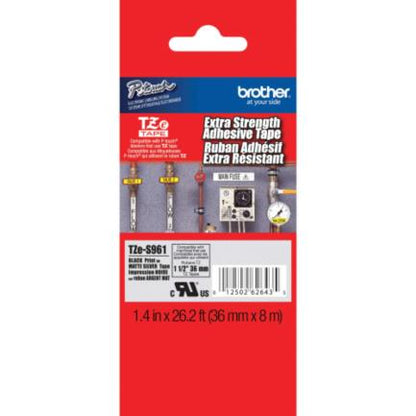 Cinta Brother TZES951 Laminada Extra Resistente Texto Negro Sobre Fondo Plateado Mate 36mmx8m