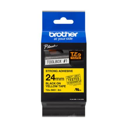 Cinta Brother TZeS651 Laminada Súper Adhesiva Texto Negro Fondo Amarillo 24mmx8m