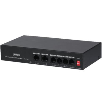 Switch PoE Dahua 6 Puertos Fast Ethernet/4 Puertos PoE 10/100/ 2 Puertos Uplink 10/100 36 Watts Totales