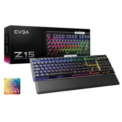 Teclado Gamer EVGA Z15 RGB Multi Mecánico Switch Clicky Speed Bronze Alámbrico Reposa Muñecas Magnético Negro