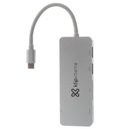 HUB USB Klip Xtreme Tipo C HubPoint KCR-500 Concentrador de 5 puertos 2 USB 3.0  1 tipo C 1 Micro-SD 1 Tarjeta SDXC Color plateado