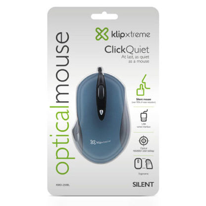 Mouse cableado Klip Xtreme erogonomico silencioso ClickQuiet KMO-250BL 4 botones Conexion USB 2.4 GHz 400/800/1200/1600 DPI Color Azul