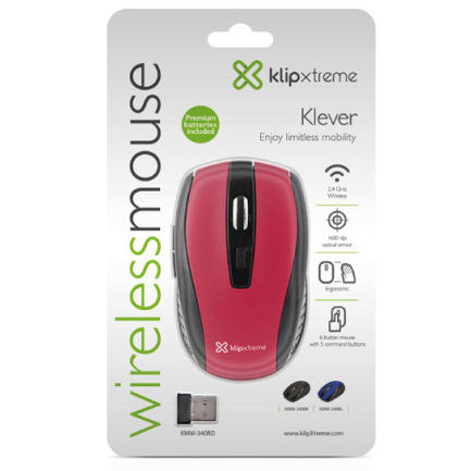 Mouse inalambrico Klip Xtreme ergonomico Klever KMW-340RD 6 botones Conexion USB 2.4 GHz 1000/1200/1600 DPI Color Rojo