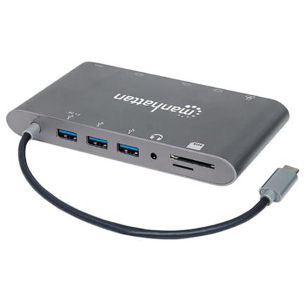 Estación Docking Manhattan USB-C a HDMI/DPmini/SVGA/RJ45/3.5mm Super Velocidad Color Gris