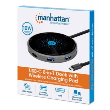 Docking Manhattan USB-C a HDMI USB-C PD 3xUSB-A Lector Tarjetas con Base Carga Inalámbrica