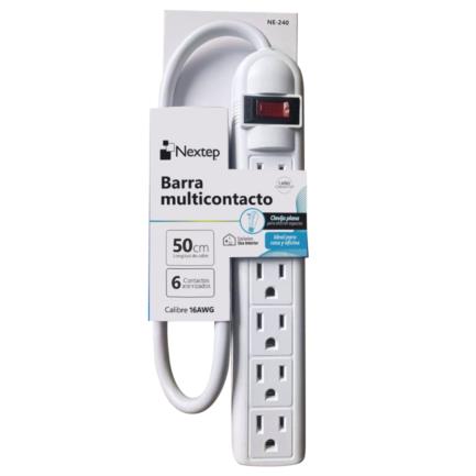 Barra Multicontacto Nextep 6 Contactos Aterrizados y Boton Reset Cable 50 cm 16AWG