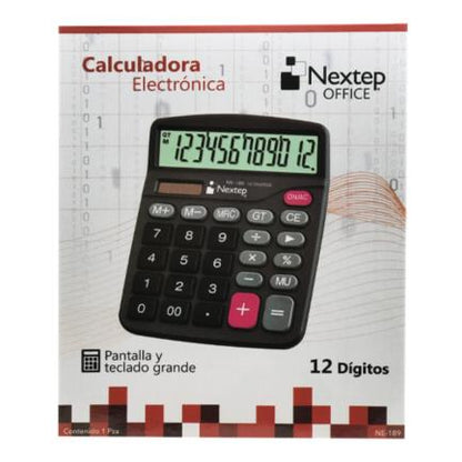 Calculadora Nextep 12 Dígitos Pantalla Grande Escritorio Batería/Solar